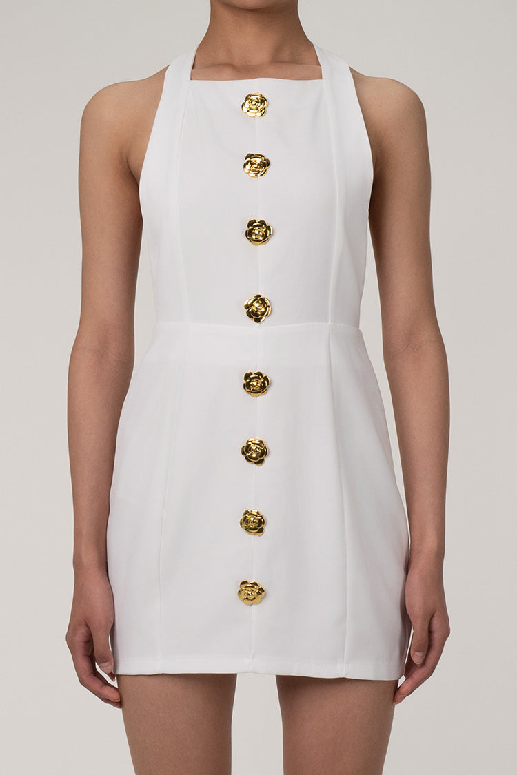 Metallic Rose Button T Back Sleeveless Twill Sheath Party Mini Dress