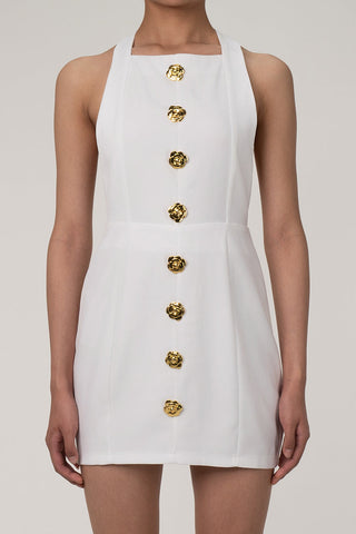 Metallic Rose Button T Back Sleeveless Twill Sheath Party Mini Dress