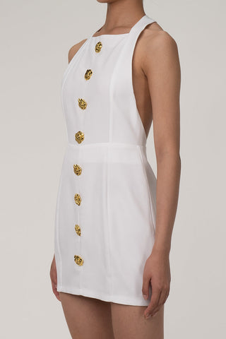 Metallic Rose Button T Back Sleeveless Twill Sheath Party Mini Dress