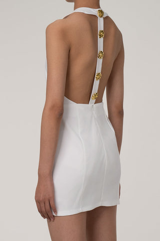 Metallic Rose Button T Back Sleeveless Twill Sheath Party Mini Dress