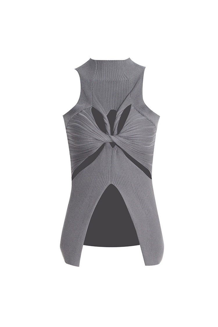 Mock Neck Twist Cutout Front Split Rib Knit Layered Tank Top