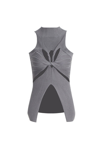 Mock Neck Twist Cutout Front Split Rib Knit Layered Tank Top
