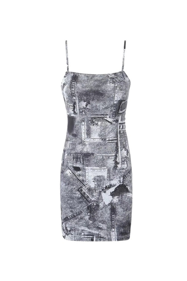 Newspaper Print Square Neck Bodycon Summer Slip Mini Sundress