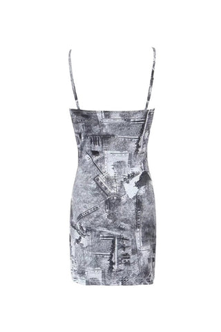 Newspaper Print Square Neck Bodycon Summer Slip Mini Sundress
