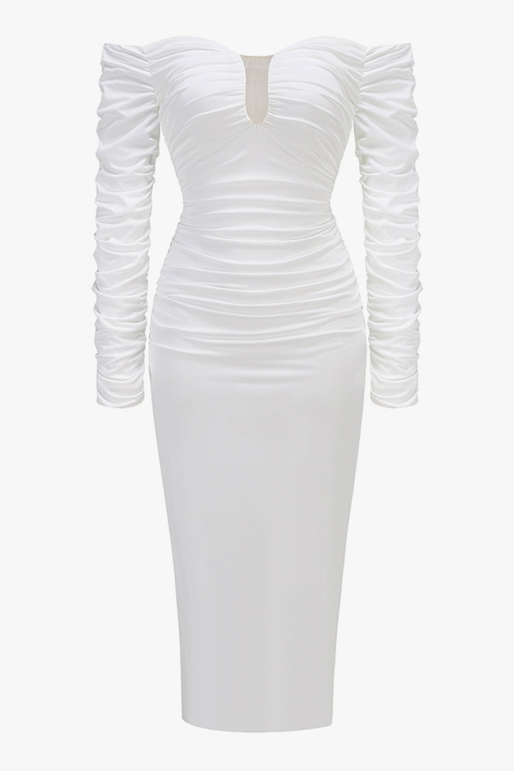 Off Shoulder Plunge Neck Long Sleeve Ruched Cocktail Midi Dress