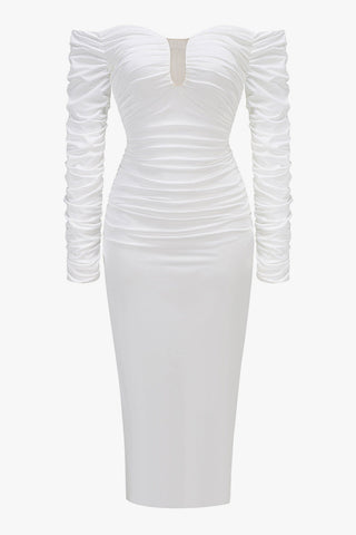 Off Shoulder Plunge Neck Long Sleeve Ruched Cocktail Midi Dress