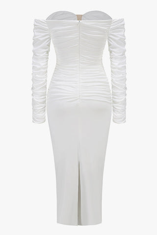 Off Shoulder Plunge Neck Long Sleeve Ruched Cocktail Midi Dress