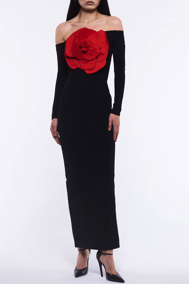 Off The Shoulder Red Rosette Applique Long Sleeve Evening Maxi Dress - Black