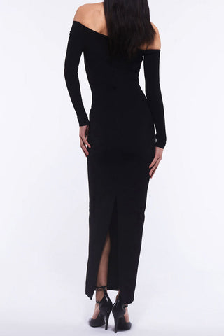 Off The Shoulder Red Rosette Applique Long Sleeve Evening Maxi Dress - Black