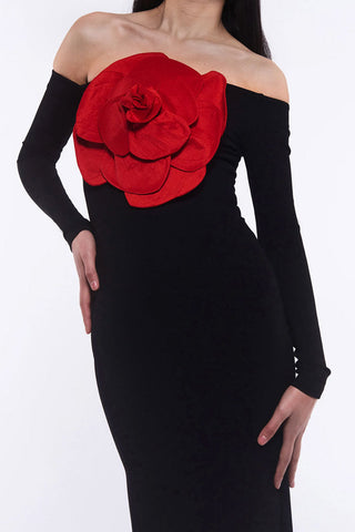 Off The Shoulder Red Rosette Applique Long Sleeve Evening Maxi Dress - Black