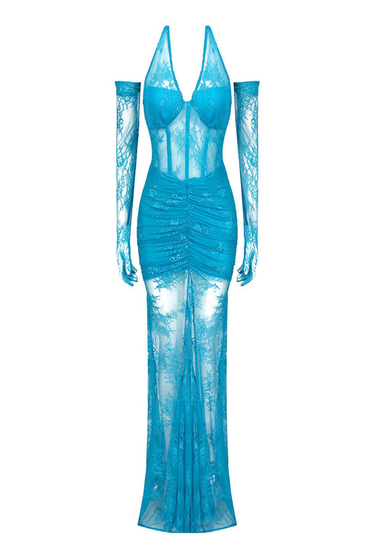 Opera Glove Sheer Lace Fishtail Sleeveless Halter Evening Maxi Dress