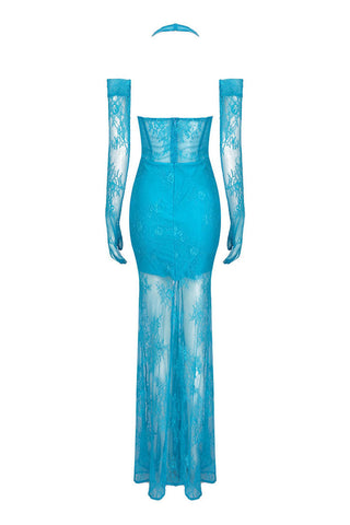 Opera Glove Sheer Lace Fishtail Sleeveless Halter Evening Maxi Dress
