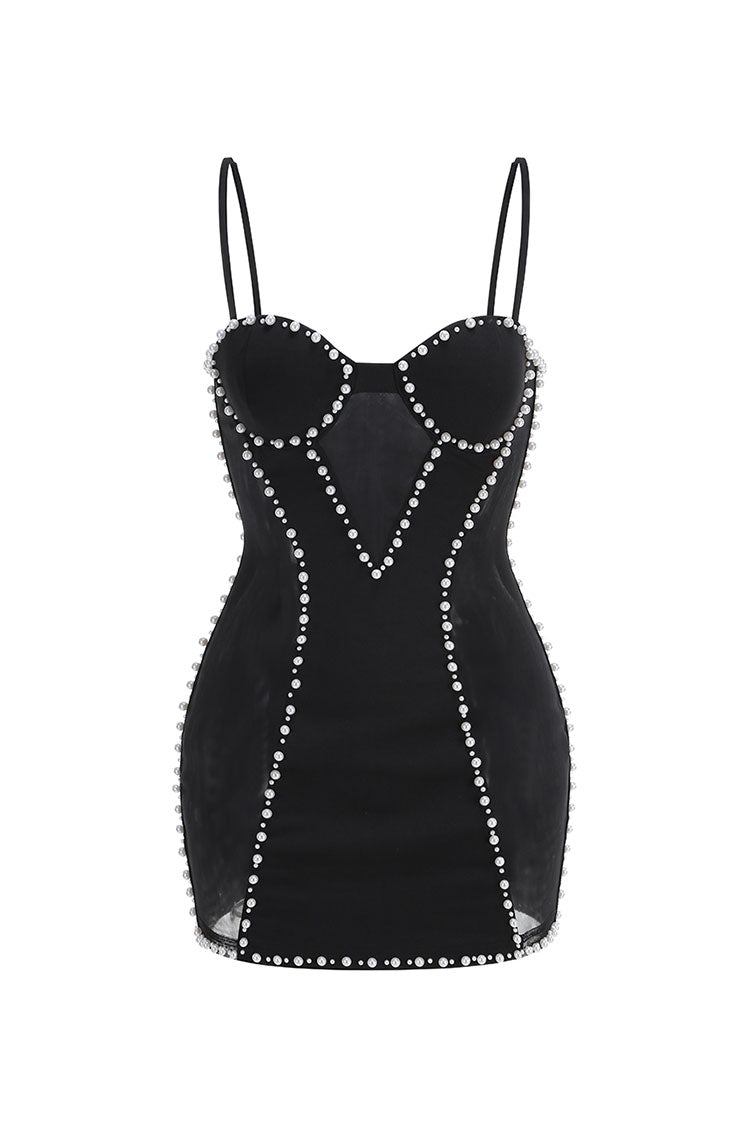 Pearl Trim Bustier Spaghetti Strap Sheer Mesh Panel Club Mini Dress