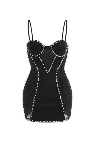Pearl Trim Bustier Spaghetti Strap Sheer Mesh Panel Club Mini Dress