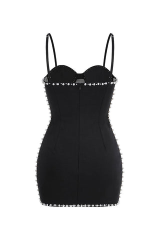 Pearl Trim Bustier Spaghetti Strap Sheer Mesh Panel Club Mini Dress