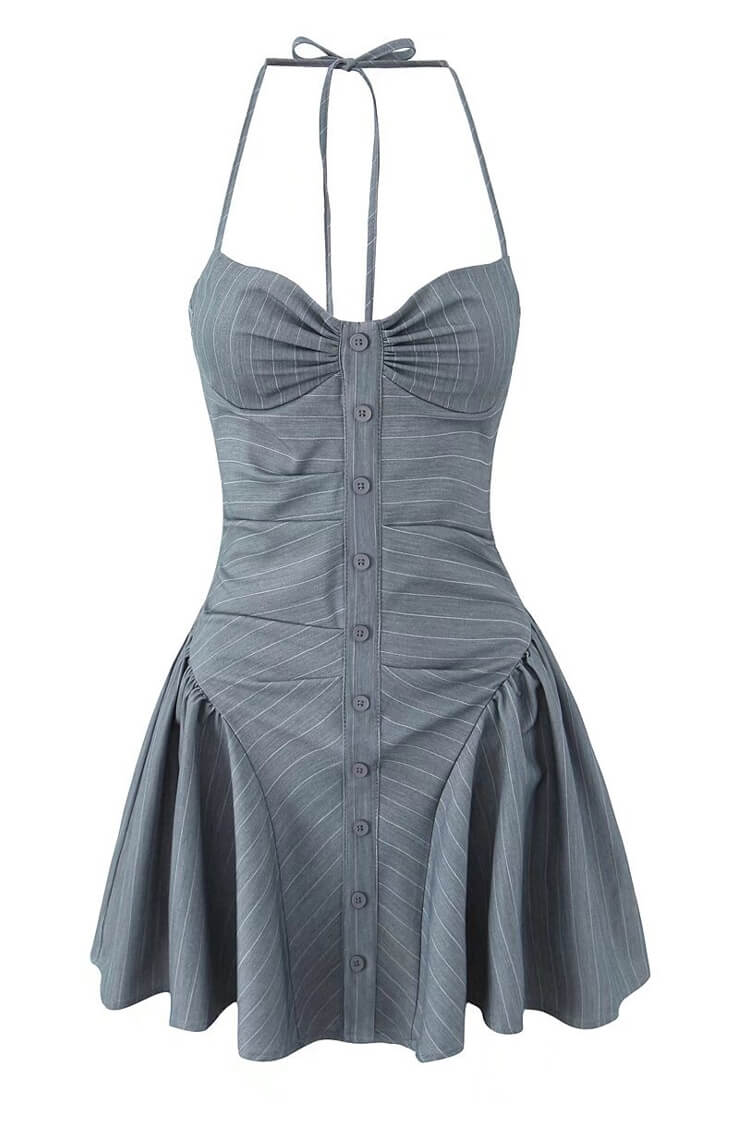 Pinstripe Print Halter Ruched Bustier Button Drop Waist Party Mini Dress