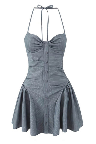 Pinstripe Print Halter Ruched Bustier Button Drop Waist Party Mini Dress