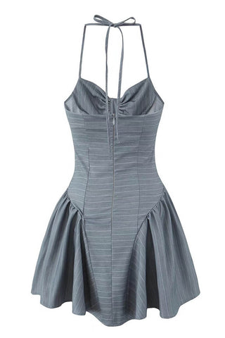 Pinstripe Print Halter Ruched Bustier Button Drop Waist Party Mini Dress