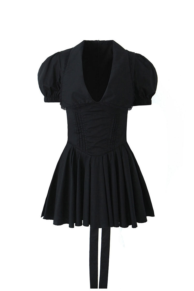 Plunge Collar Puff Sleeve Drop Waist Pleated Bow Tie Party Mini Dress