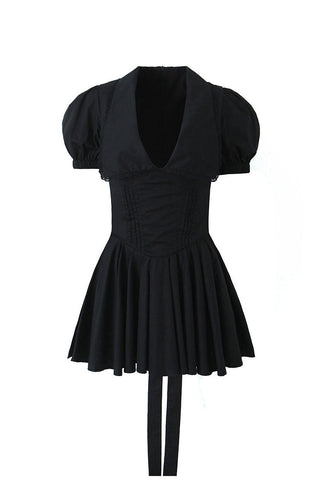 Plunge Collar Puff Sleeve Drop Waist Pleated Bow Tie Party Mini Dress