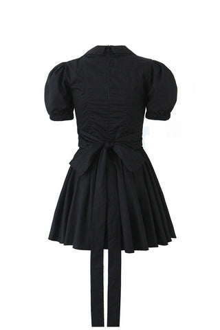 Plunge Collar Puff Sleeve Drop Waist Pleated Bow Tie Party Mini Dress
