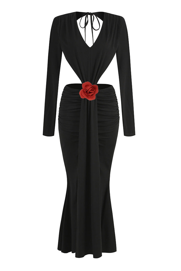 Plunge Cutout Rosette Drape Backless Split Mermaid Evening Maxi Dress