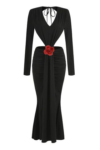 Plunge Cutout Rosette Drape Backless Split Mermaid Evening Maxi Dress