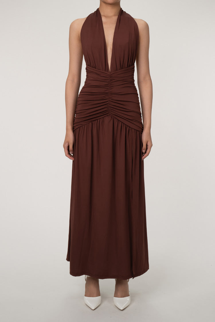 Plunge Halter Neck Backless Ruched High Split Evening Maxi Dress