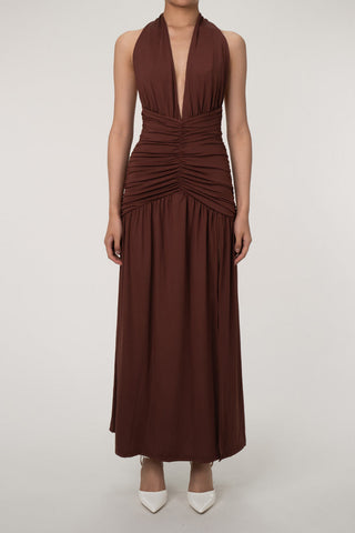 Plunge Halter Neck Backless Ruched High Split Evening Maxi Dress