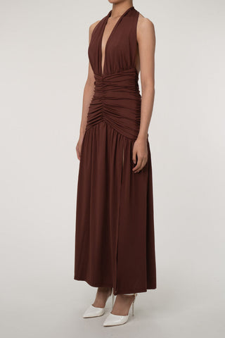 Plunge Halter Neck Backless Ruched High Split Evening Maxi Dress