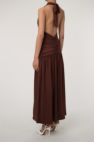 Plunge Halter Neck Backless Ruched High Split Evening Maxi Dress