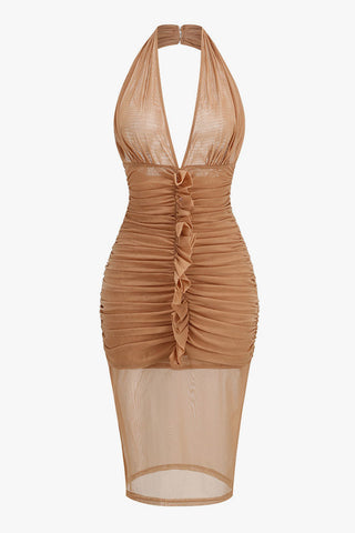 Plunge Halter Ruffled Ruched Sheer Mesh Cocktail Midi Dress