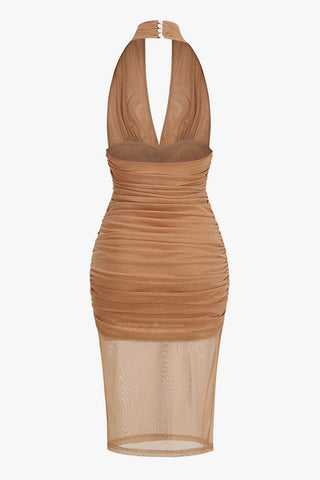 Plunge Halter Ruffled Ruched Sheer Mesh Cocktail Midi Dress