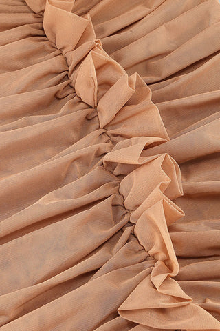 Plunge Halter Ruffled Ruched Sheer Mesh Cocktail Midi Dress