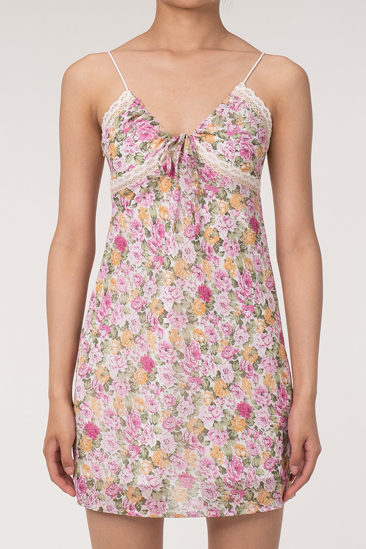 Plunge Lacey Tie Neck Spaghetti Strap Floral Printed Slip Mini Sundress