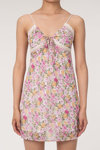 Plunge Lacey Tie Neck Spaghetti Strap Floral Printed Slip Mini Sundress