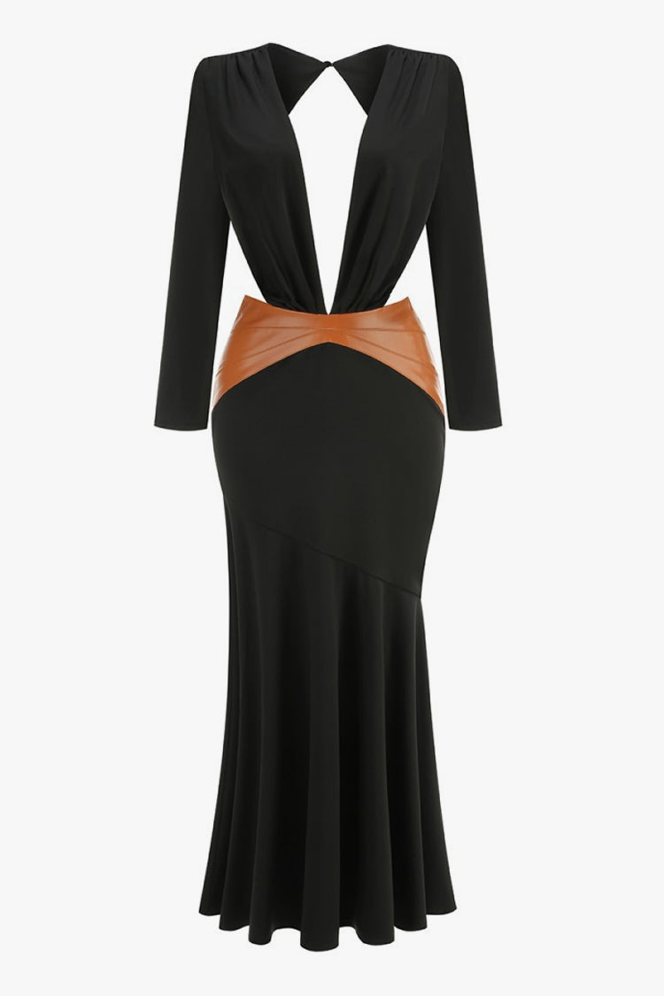 Plunge Padded Long Sleeve Leather Panel Cutout Evening Maxi Dress