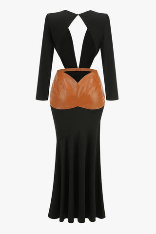 Plunge Padded Long Sleeve Leather Panel Cutout Evening Maxi Dress