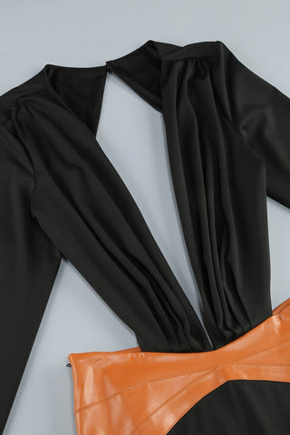 Plunge Padded Long Sleeve Leather Panel Cutout Evening Maxi Dress