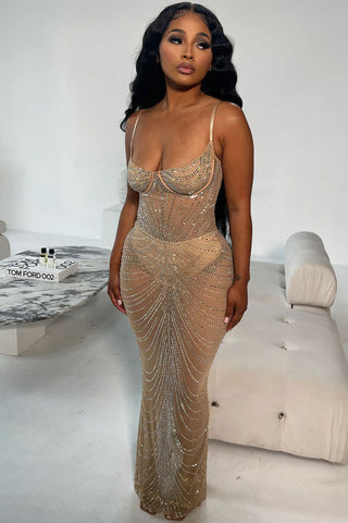 Rhinestone Bustier Sheer Mesh Sleeveless Split Evening Maxi Dress - Apricot