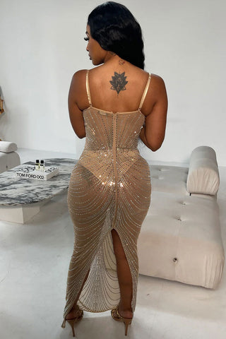 Rhinestone Bustier Sheer Mesh Sleeveless Split Evening Maxi Dress - Apricot