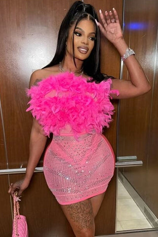 Rhinestone Sheer Mesh Panel Feather Strapless Party Mini Dress - Hot Pink