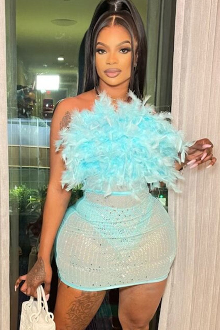 Rhinestone Sheer Mesh Panel Feather Strapless Party Mini Dress - Lake Blue