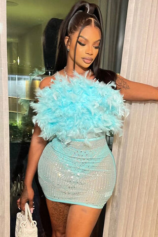 Rhinestone Sheer Mesh Panel Feather Strapless Party Mini Dress - Lake Blue
