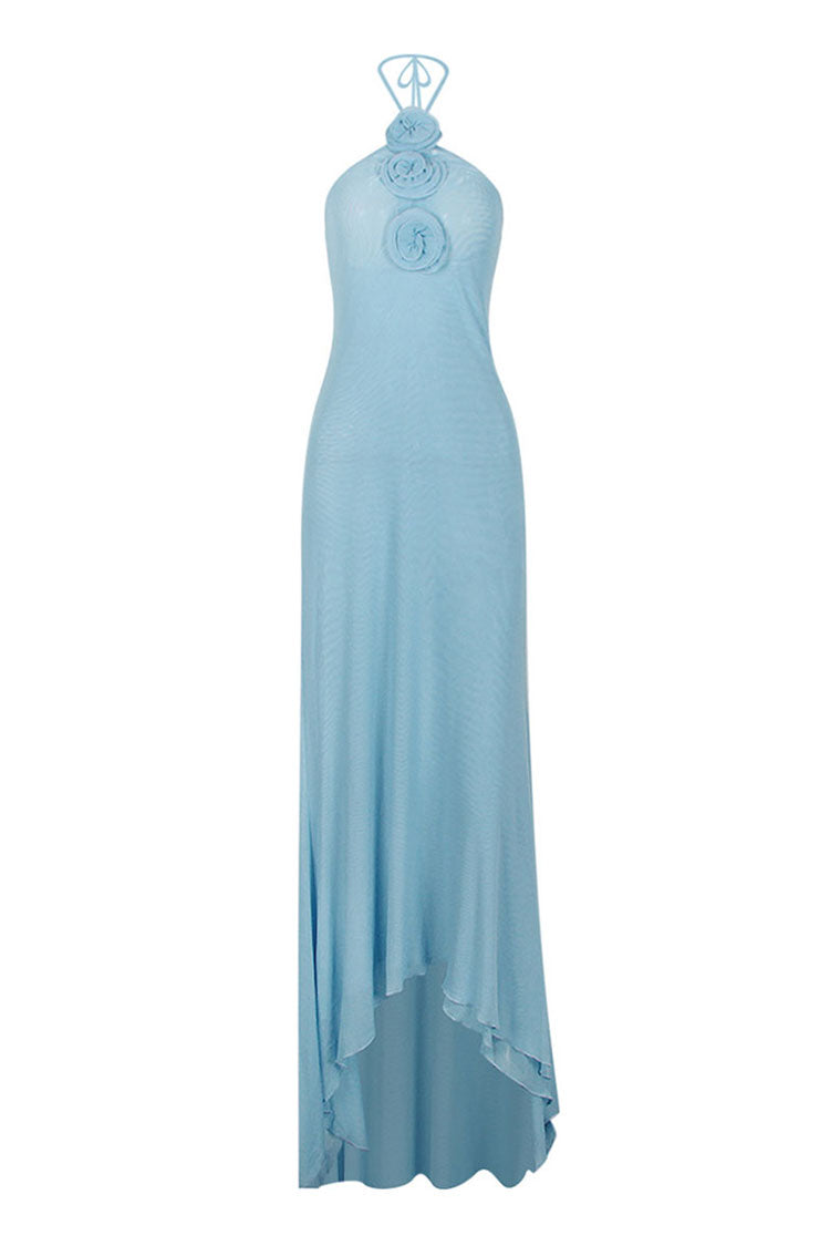 Rosette Applique Halter Neck High Low Long Train Sheer Mesh Dress