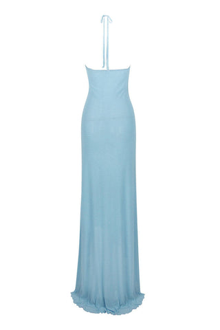 Rosette Applique Halter Neck High Low Long Train Sheer Mesh Dress