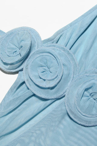 Rosette Applique Halter Neck High Low Long Train Sheer Mesh Dress