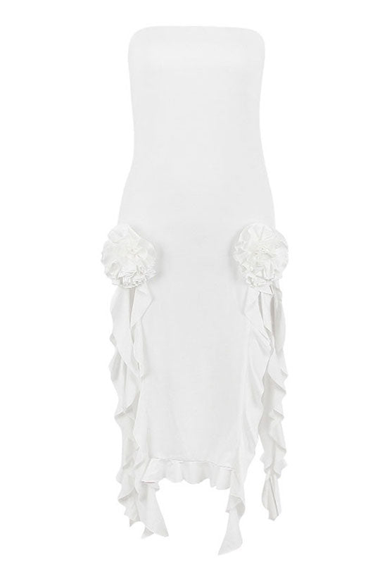 Rosette Applique Strapless Side Split Draped Ruffle Club Midi Dress