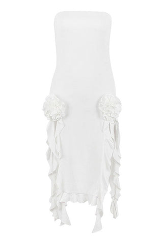 Rosette Applique Strapless Side Split Draped Ruffle Club Midi Dress