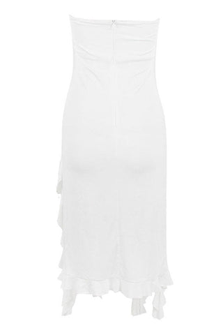 Rosette Applique Strapless Side Split Draped Ruffle Club Midi Dress